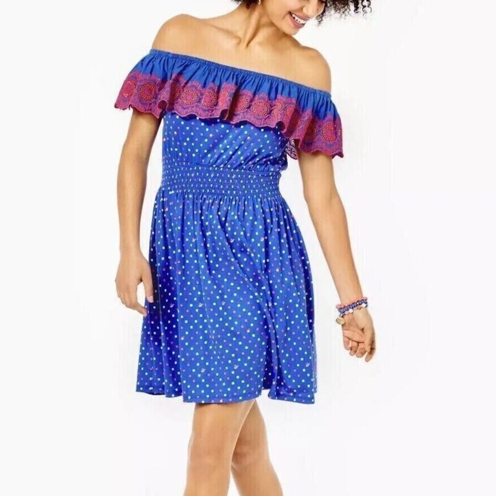 NWOT Lilly Pulitzer Kalama Dress Polka Dot Embroidered Off Shoulder Mini Blue -M